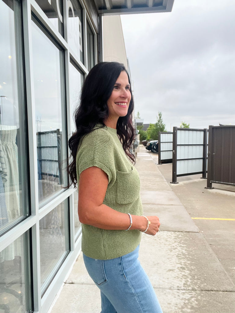Mock Neck Short Sleeve Pocket Knit Top - Light Olive