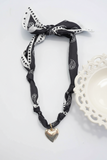 Handcrafted Scarf Interchangeable Charm Necklace Gold Heart/Black Bandana