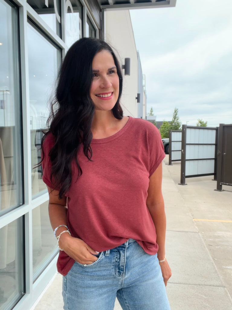 Linen Blend Cap Sleeve Boxy Tee - Wine