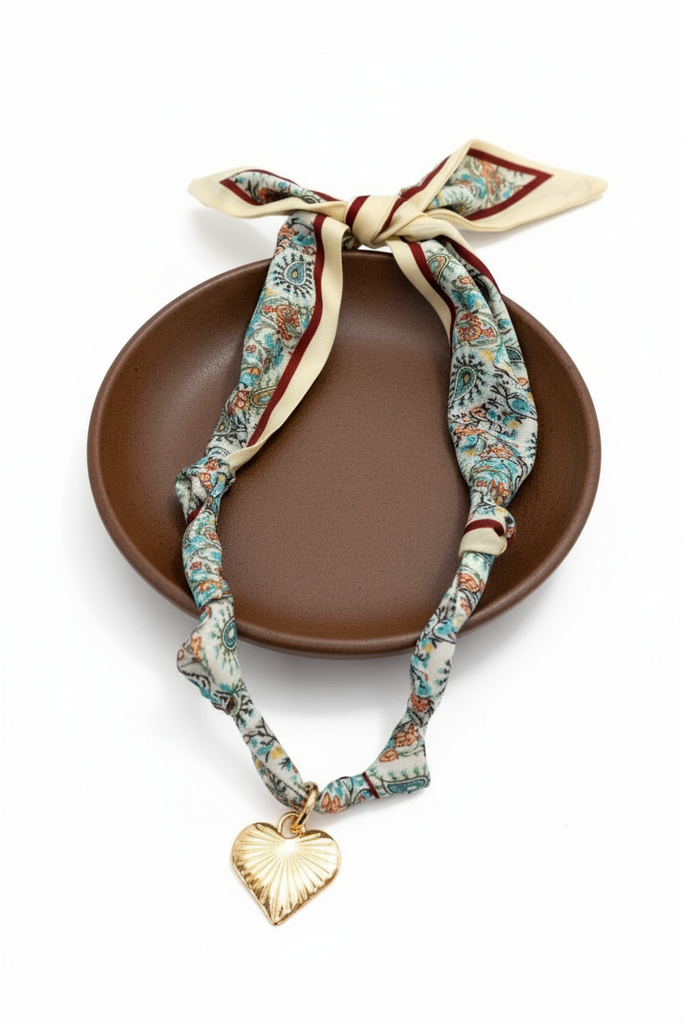 Handcrafted Scarf Interchangeable Charm Necklace - Gold Heart/Tan Scarf