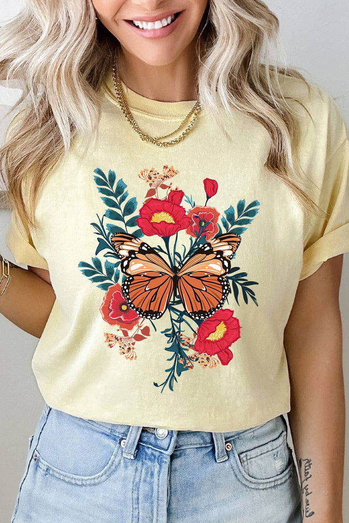 Butterfly Wild Flowers Comfort Colors Tee: Butter