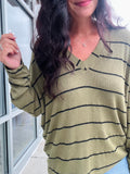 Stripe Long Sleeve Knit Top - Olive