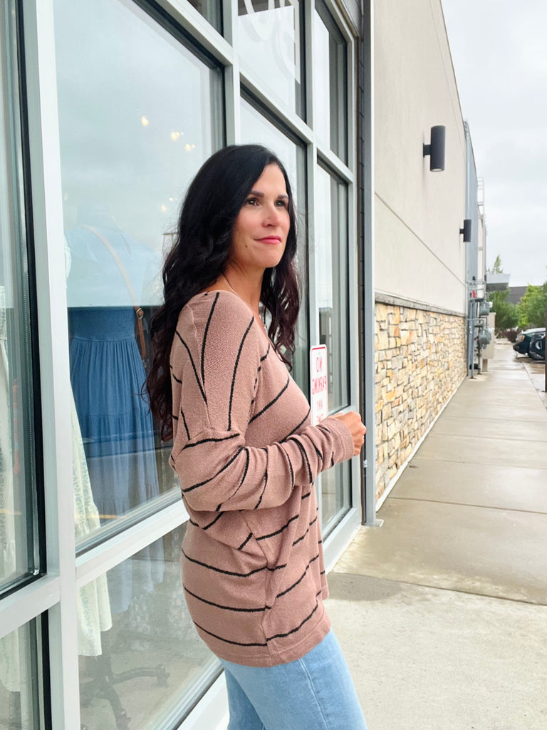 Stripe Long Sleeve Knit Top - Mocha