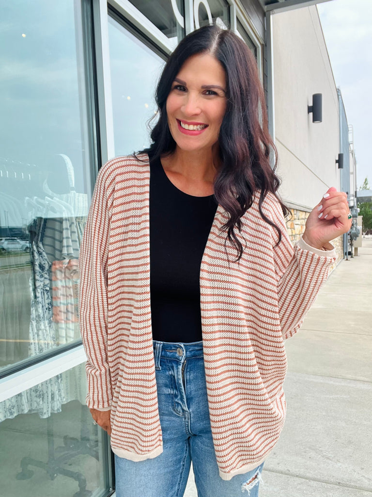 Striped Dolman Sleeve Open Cardi - Auburn