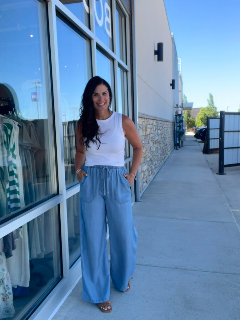 Drawstring Wide Leg Chambray Pant