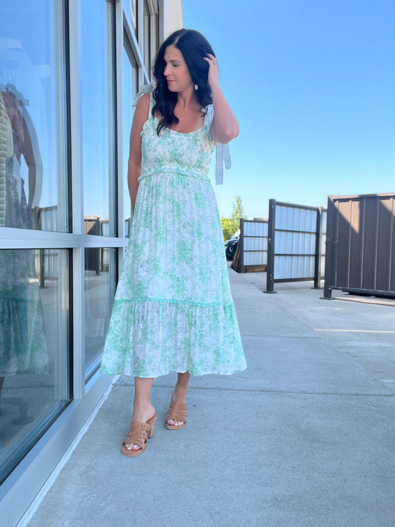 Floral Smocked Midi Dress - Dusty Mint