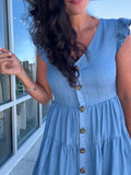 Chambray Button Down Tiered Mini Dress