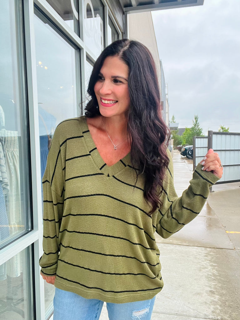 Stripe Long Sleeve Knit Top - Olive