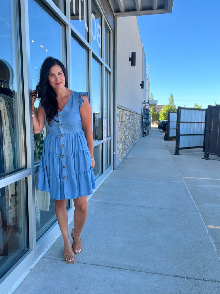 Chambray Button Down Tiered Mini Dress