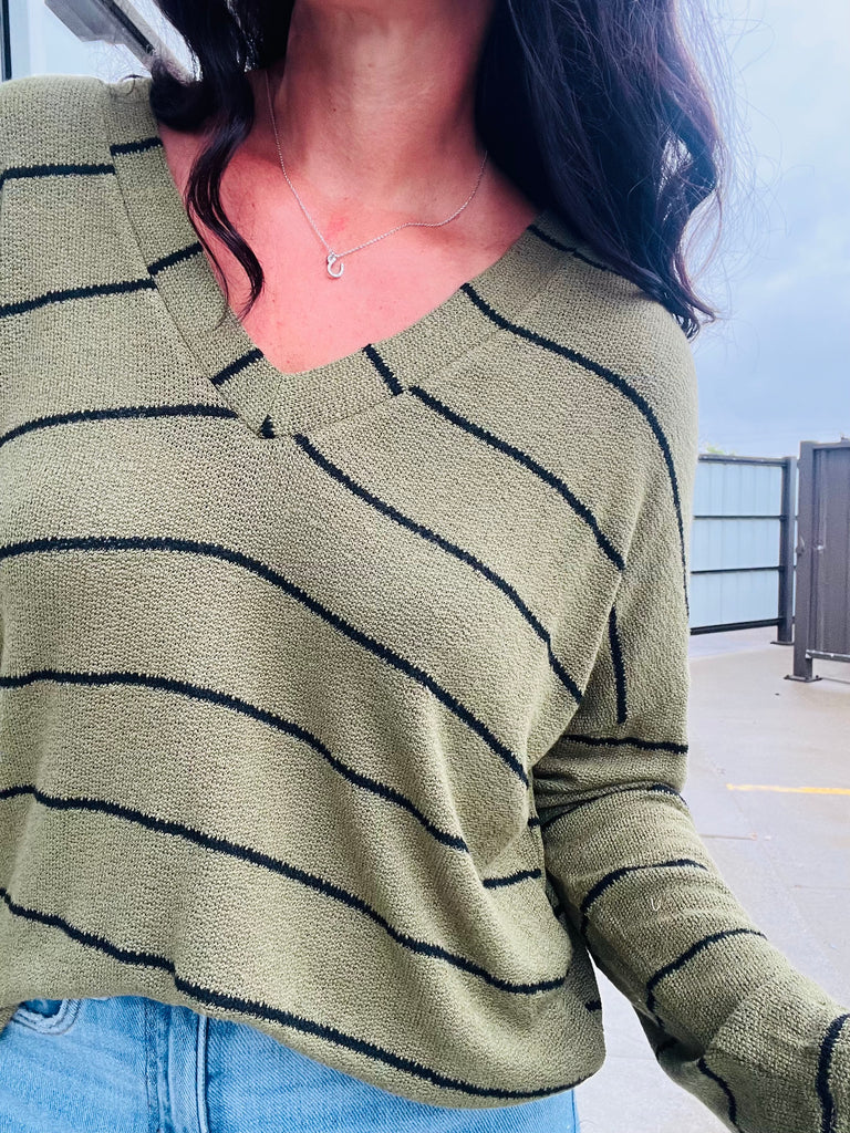 Stripe Long Sleeve Knit Top - Olive