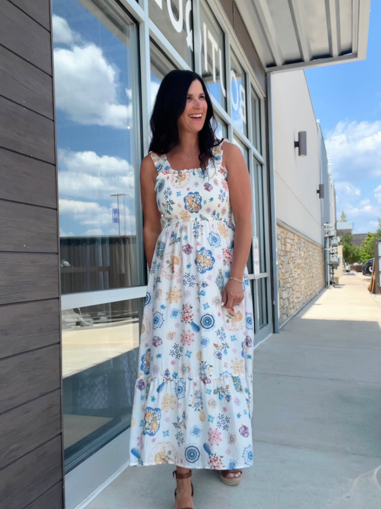 A Walk in the Country Smocked Midi Dress - Blue