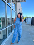 Drawstring Wide Leg Chambray Pant