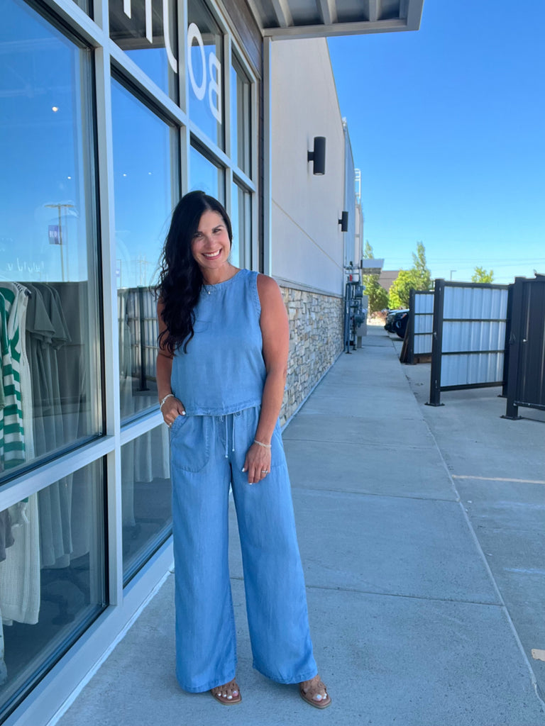 Drawstring Wide Leg Chambray Pant