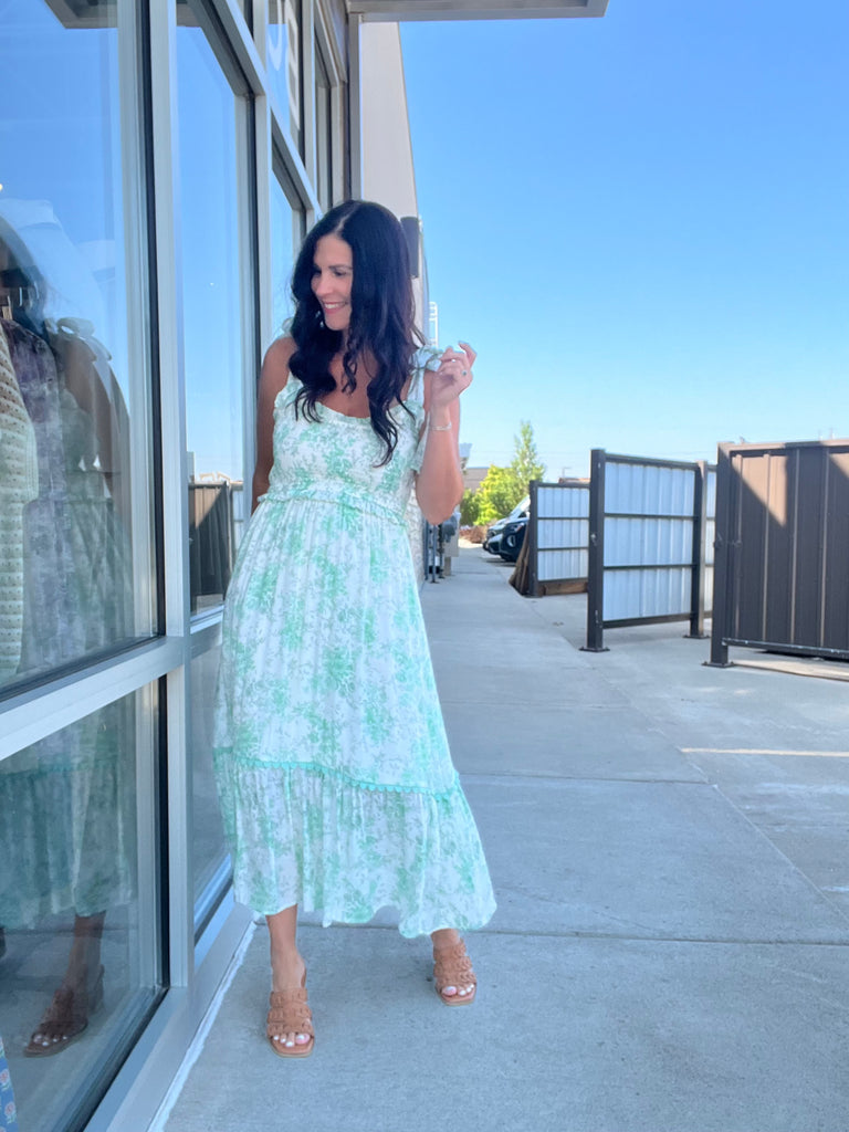 Floral Smocked Midi Dress - Dusty Mint