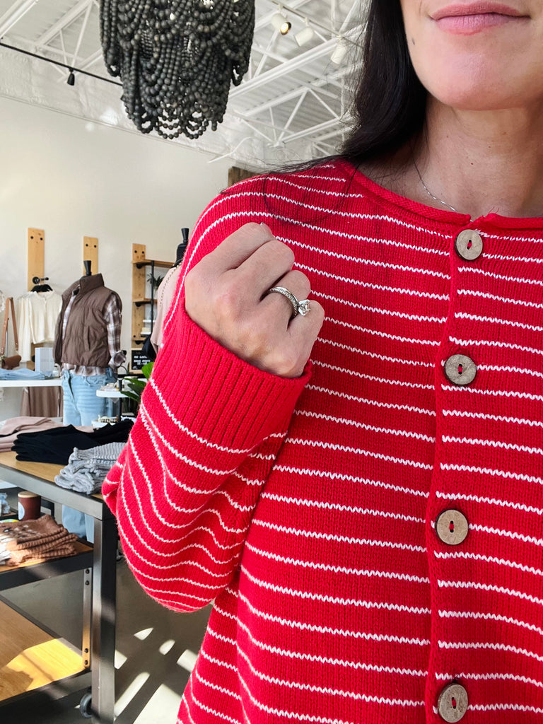 Stripe Button Down Cardigan - Red