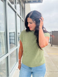 Mock Neck Short Sleeve Pocket Knit Top - Light Olive