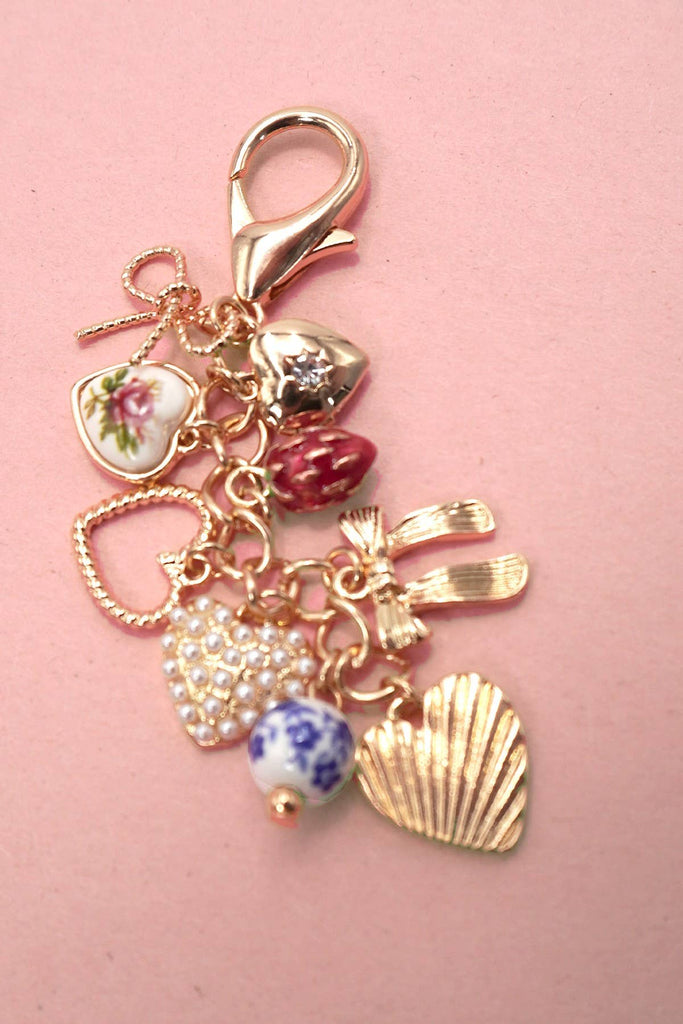 PORCELAIN BOWS HEARTS PEARL STRAWBERRY BAG CHARM