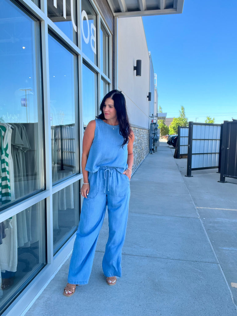 Drawstring Wide Leg Chambray Pant