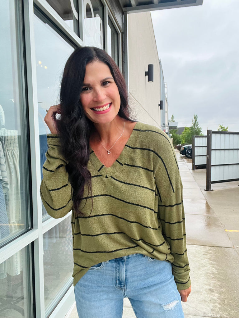Stripe Long Sleeve Knit Top - Olive