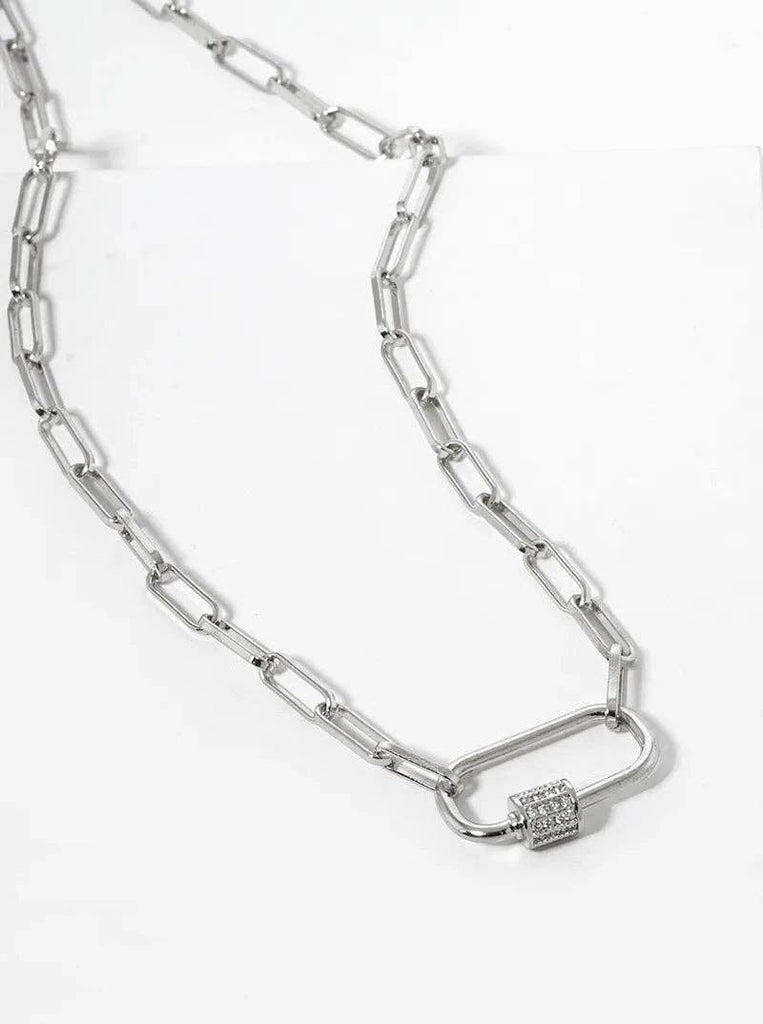 18K Gold Dipped Cz Pave Carabiner Pendant Chain Necklace: Rhodium