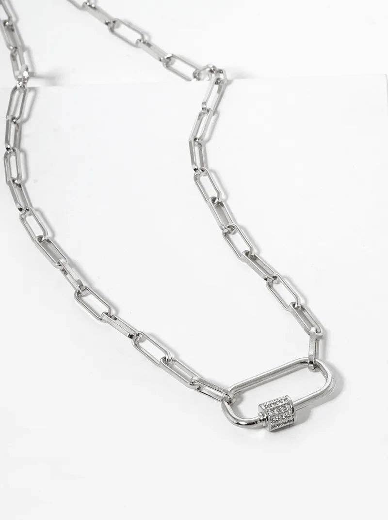 18K Gold Dipped Cz Pave Carabiner Pendant Chain Necklace: Rhodium