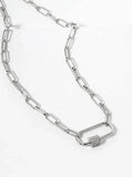 18K Gold Dipped Cz Pave Carabiner Pendant Chain Necklace: Rhodium
