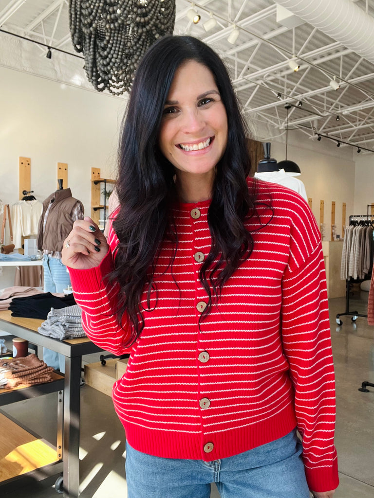 Stripe Button Down Cardigan - Red