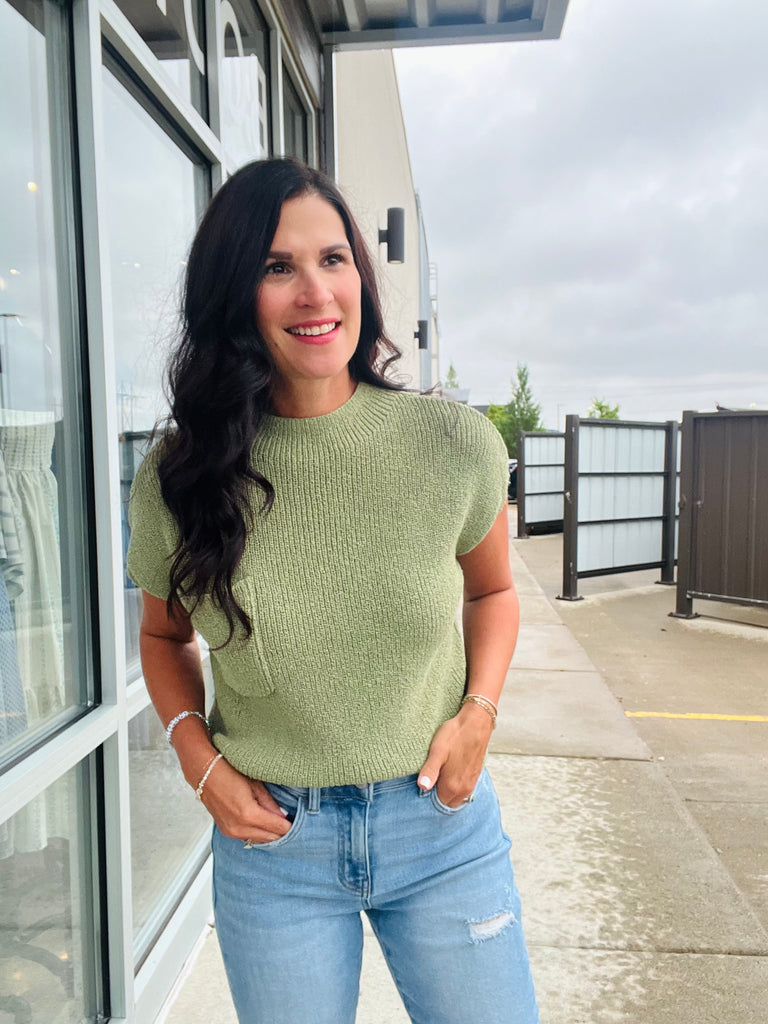 Mock Neck Short Sleeve Pocket Knit Top - Light Olive