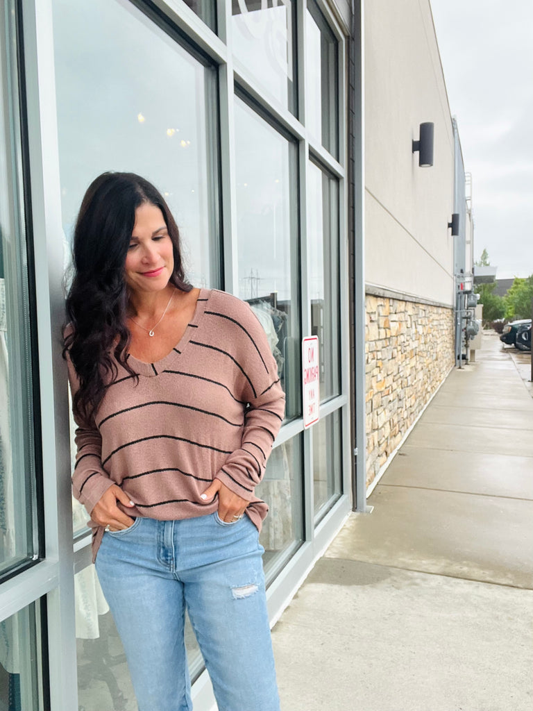 Stripe Long Sleeve Knit Top - Mocha