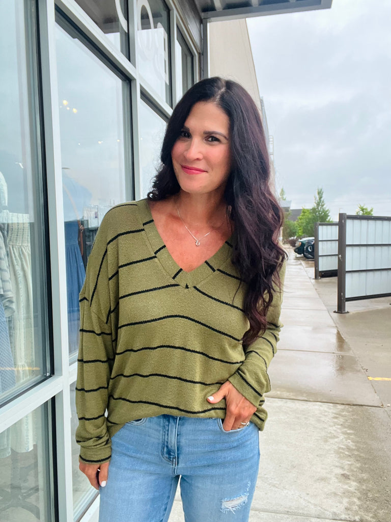 Stripe Long Sleeve Knit Top - Olive