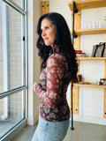 Sheer Mesh Lace Top in Brown Floral