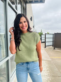 Mock Neck Short Sleeve Pocket Knit Top - Light Olive
