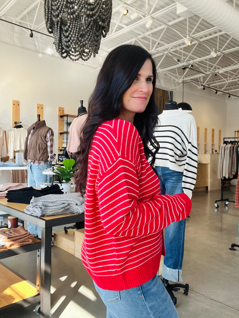 Stripe Button Down Cardigan - Red