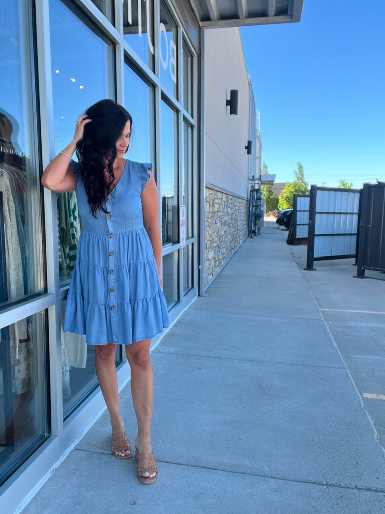 Chambray Button Down Tiered Mini Dress