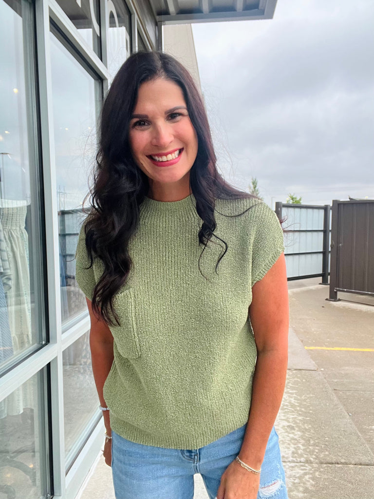 Mock Neck Short Sleeve Pocket Knit Top - Light Olive