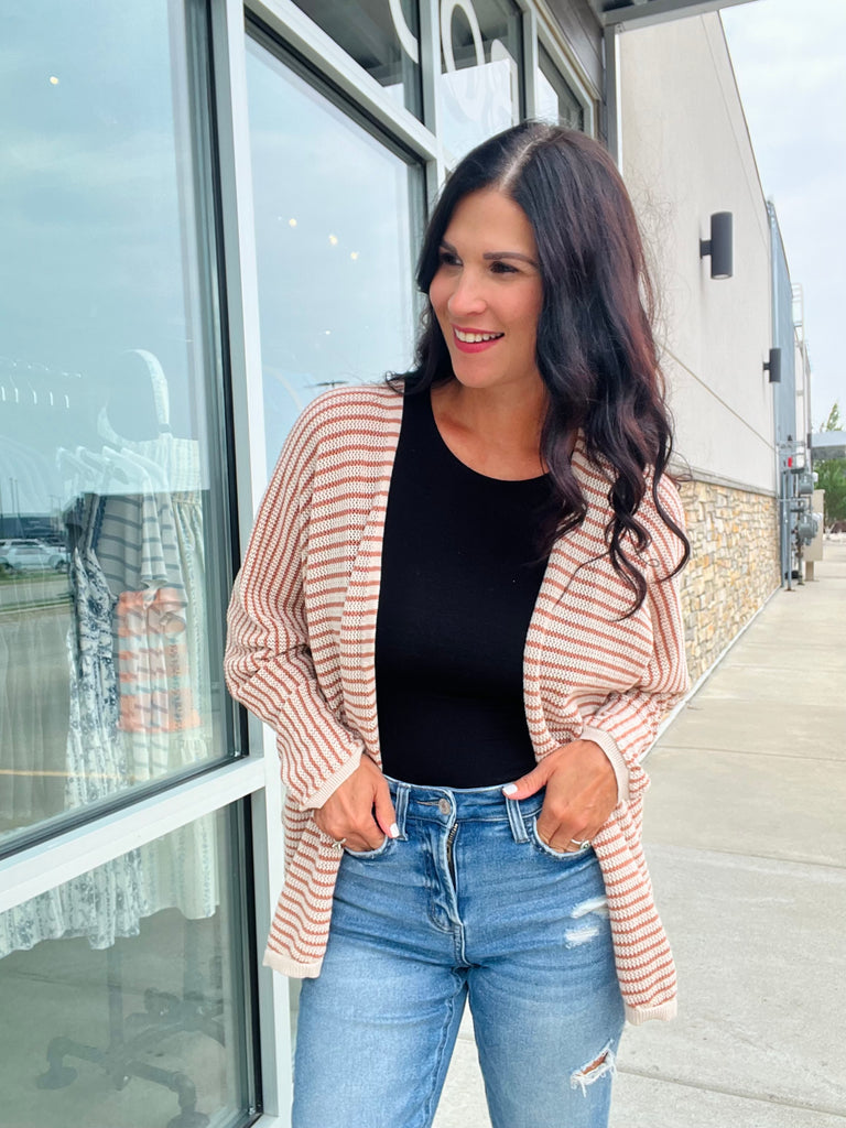 Striped Dolman Sleeve Open Cardi - Auburn
