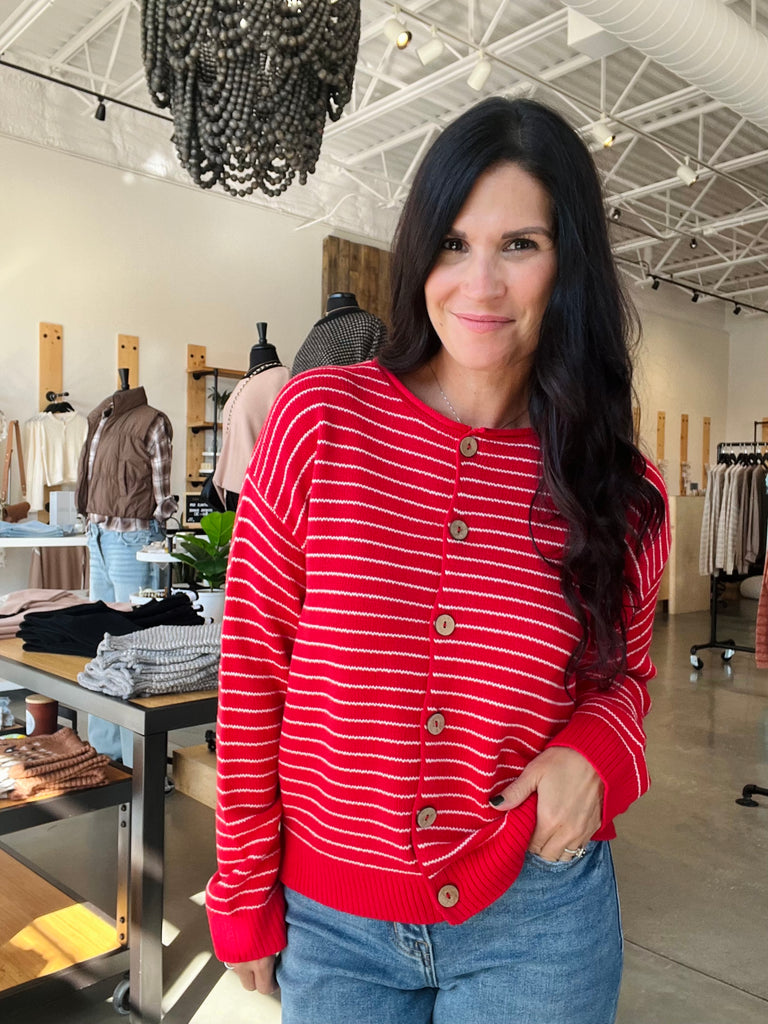 Stripe Button Down Cardigan - Red