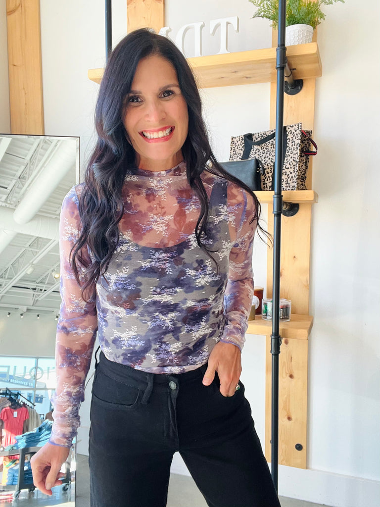 Sheer Mesh Lace Top in Purple Floral