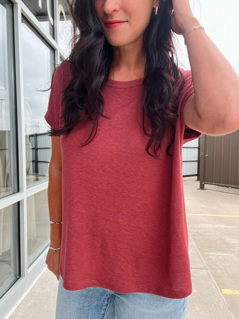 Linen Blend Cap Sleeve Boxy Tee - Wine