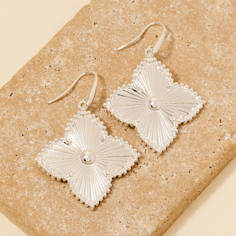 Ornate Clover Dangle Charm Earrings - Silver