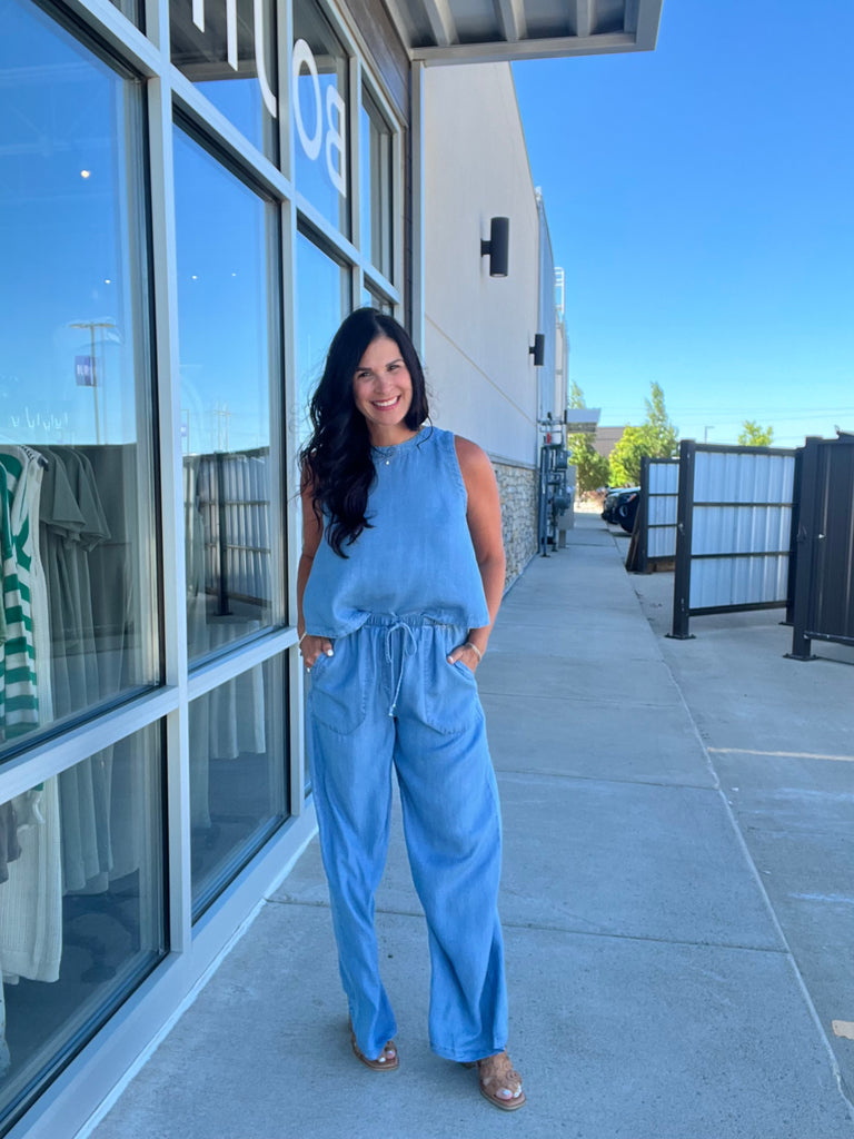 Drawstring Wide Leg Chambray Pant