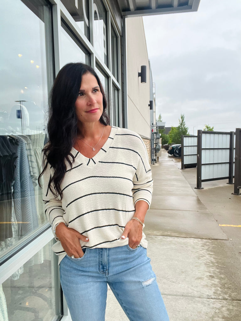 Stripe Long Sleeve Knit Top - Ivory