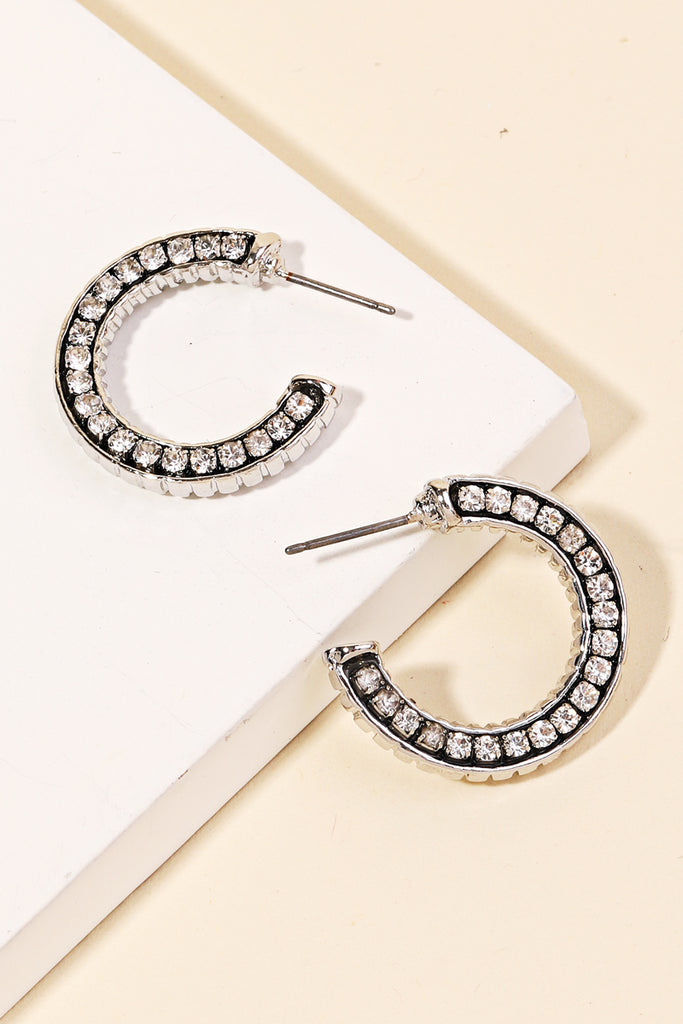 Pave Rhinestone Hoop Earrings - Silver