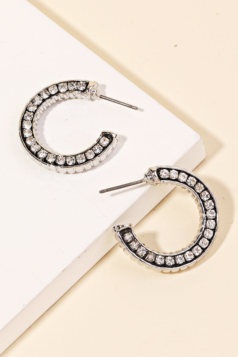 Pave Rhinestone Hoop Earrings - Silver
