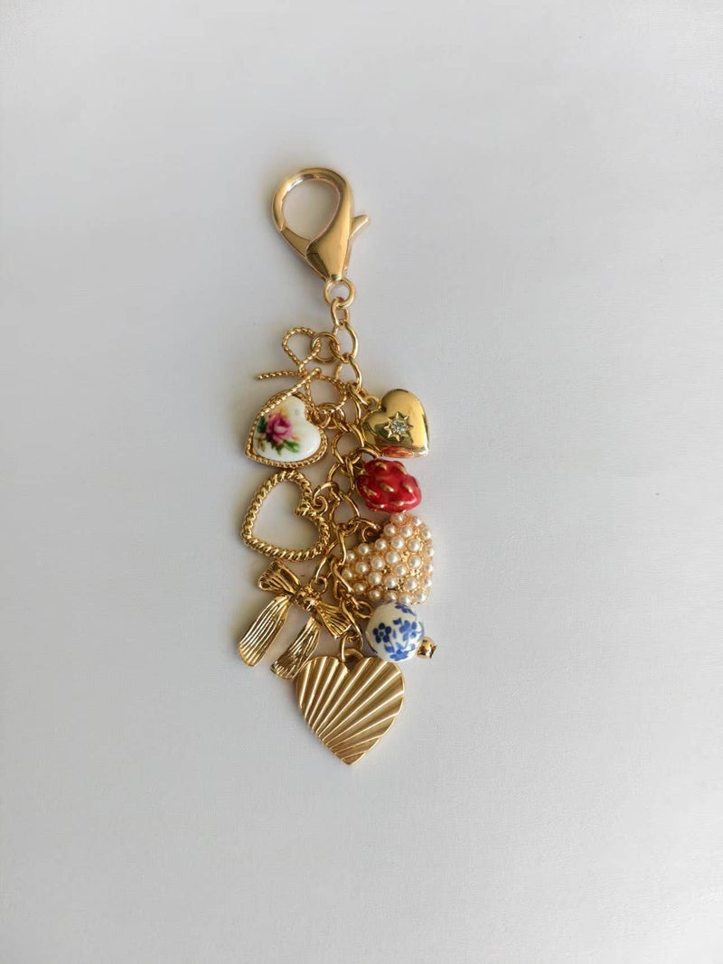 PORCELAIN BOWS HEARTS PEARL STRAWBERRY BAG CHARM