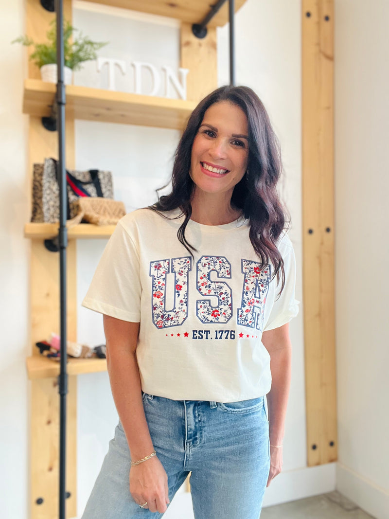 USA Floral Pattern T-shirt