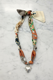 Handcrafted Scarf Interchangeable Charm Necklace Silver Heart/Olive & Tan Bandana