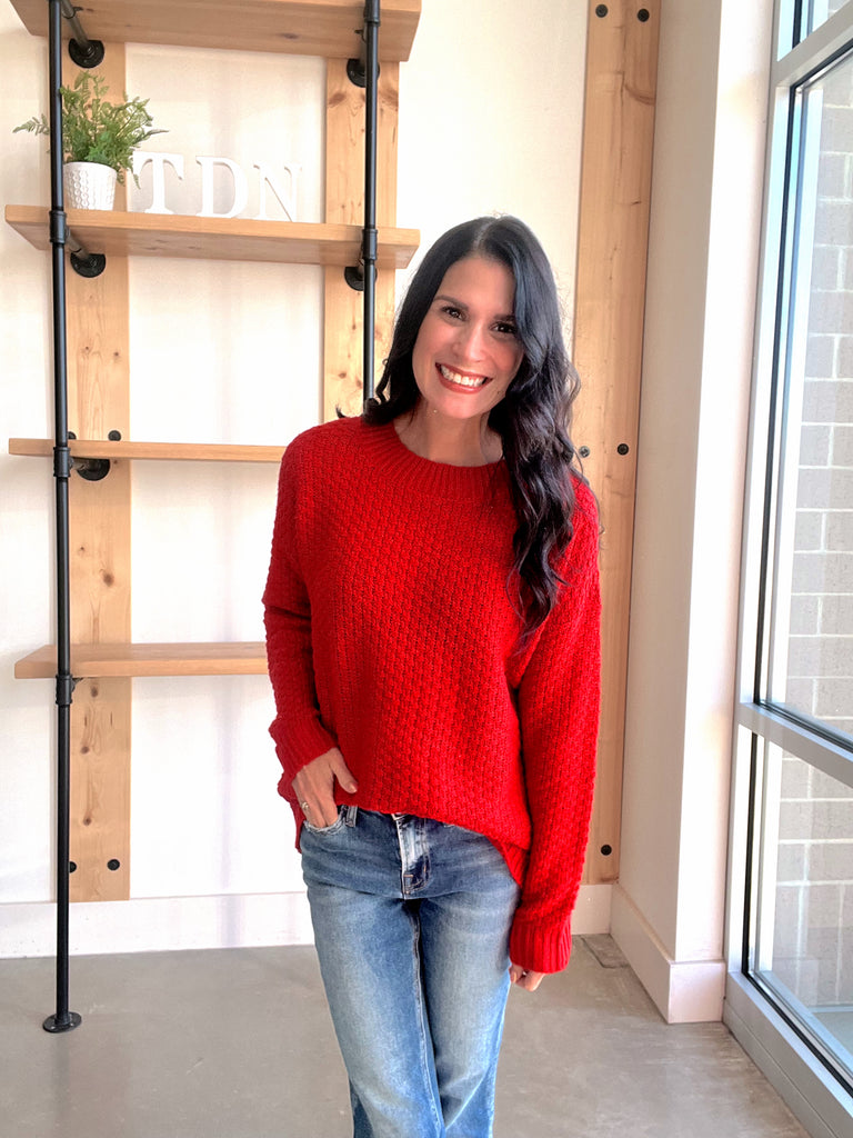 Waffle Knit Sweater in Red