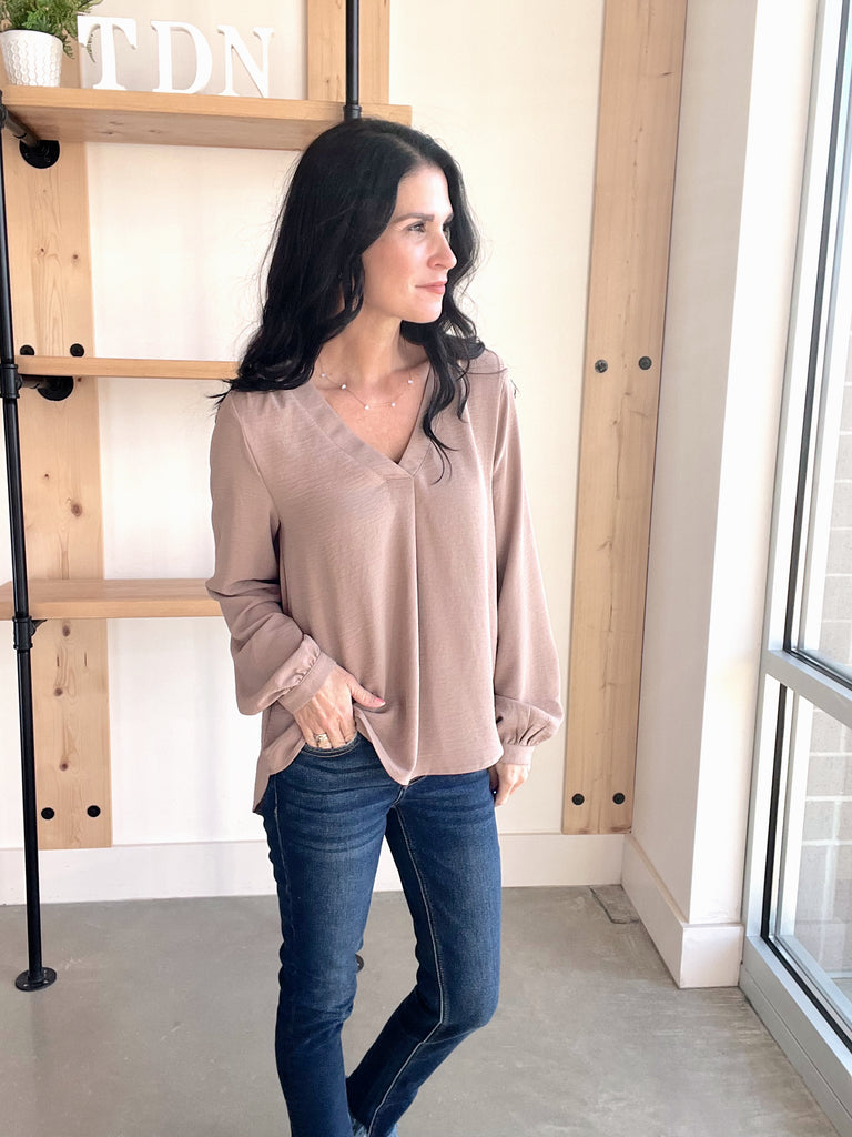 Long Sleeve V-Neck Blouse in Toast