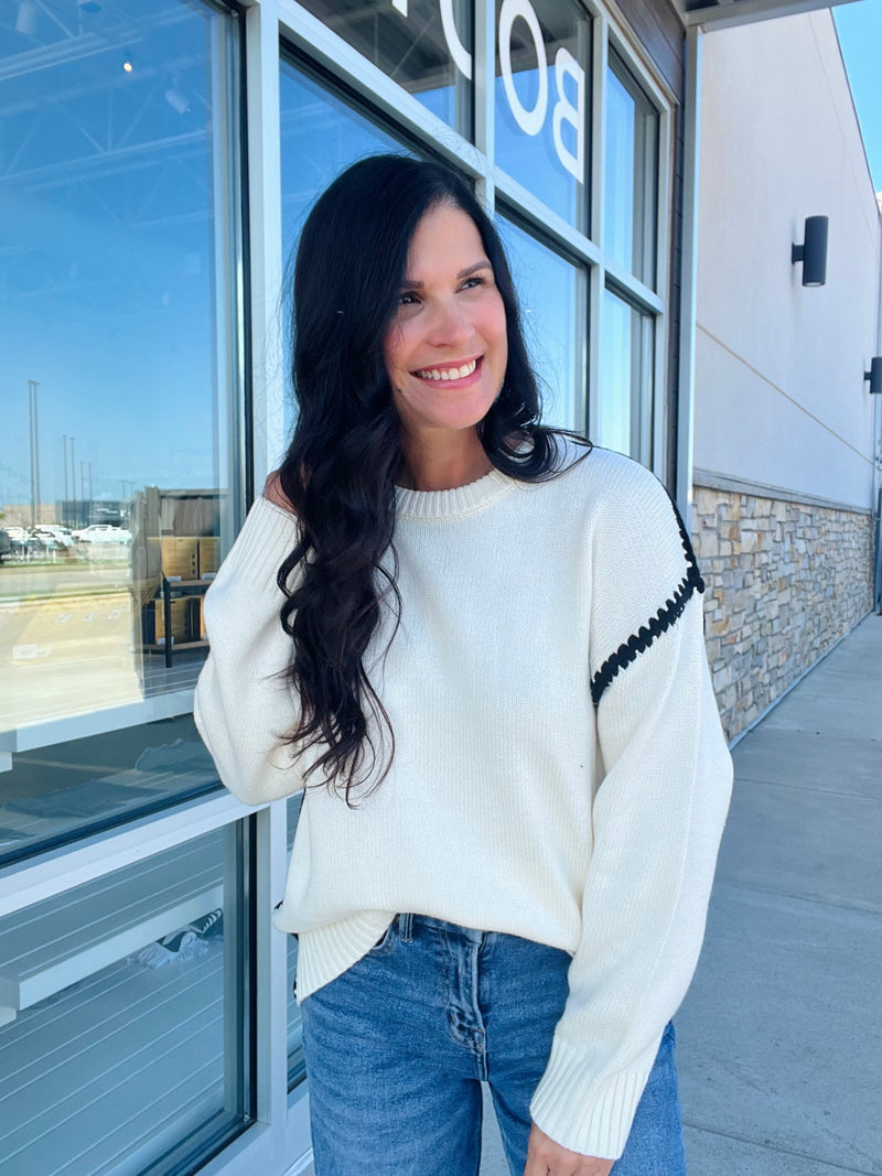 Contrast Stitch Crew Neck Sweater - Cream